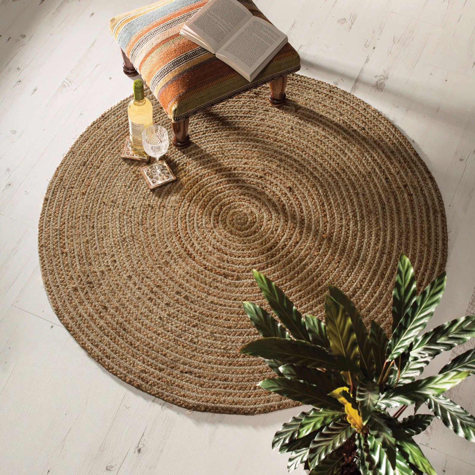 Large Round Natural 100 Braided Jute and Cotton Rug 2